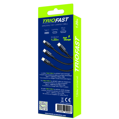 Câble 3 en 1 Moxie Triofast en nylon tressé avec entrée Type C et sortie Lightning / Micro-USB / USB Type-C Fast charge 3A -Noir