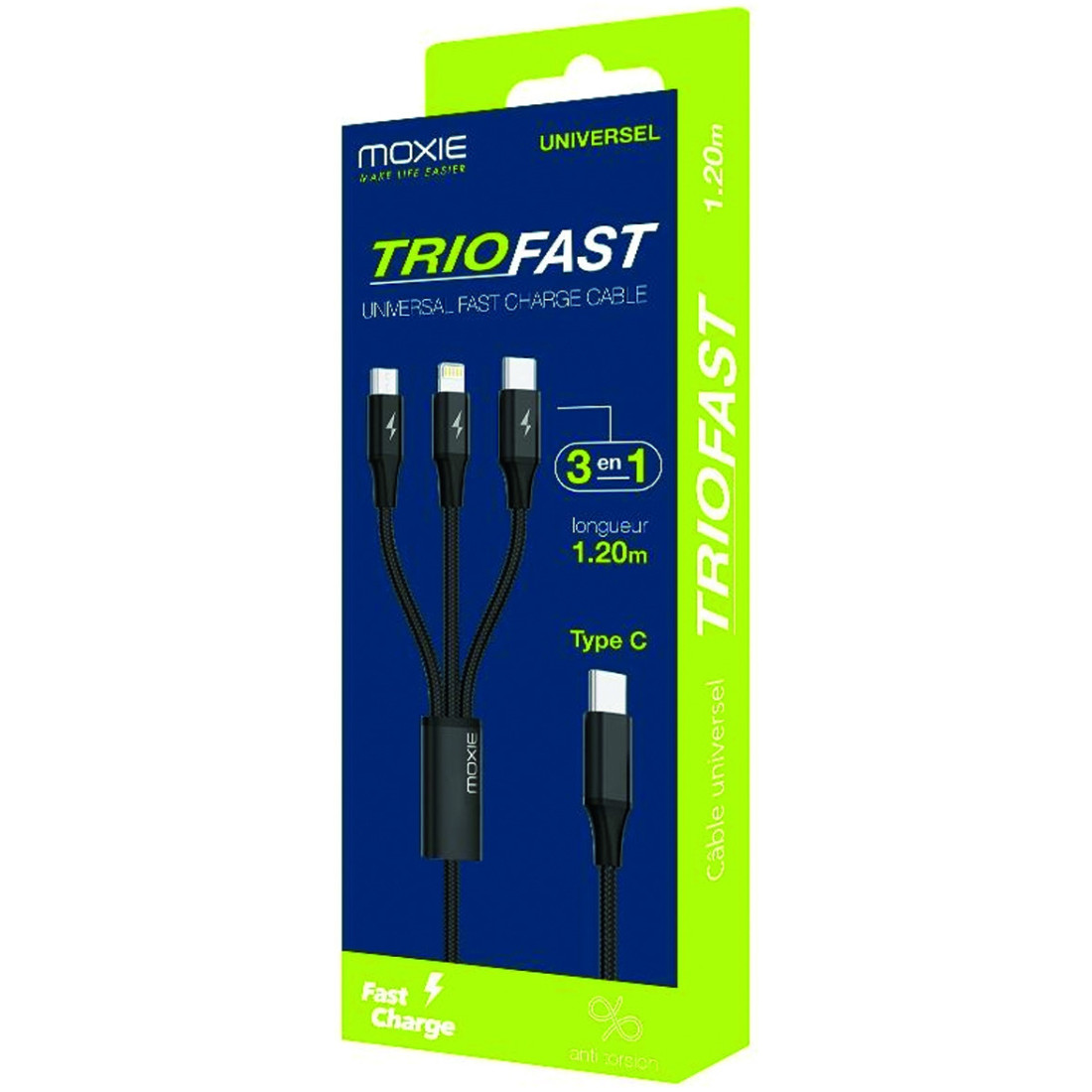 Câble 3 en 1 Moxie Triofast en nylon tressé avec entrée Type C et sortie Lightning / Micro-USB / USB Type-C Fast charge 3A -Noir