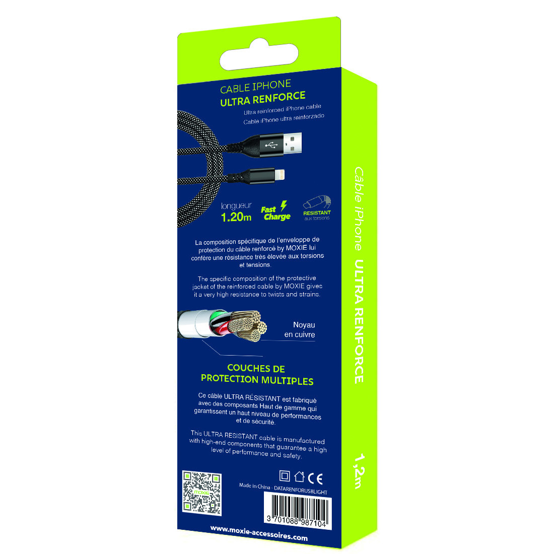 Cable en Nylon ultra résistant embouts renforcés USBA/Lightning 2m