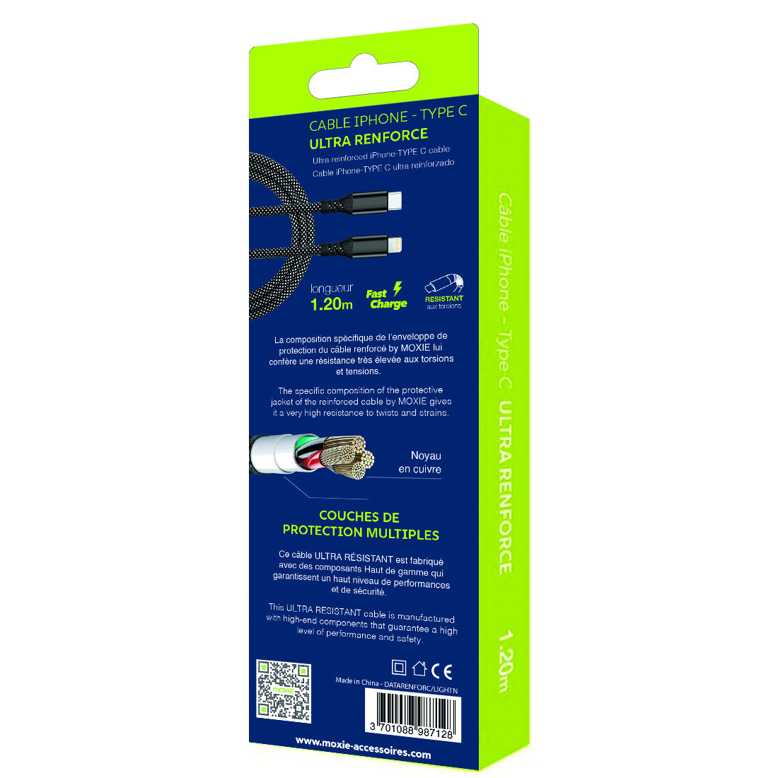 Cable Nylon ultra résistant embouts renforcés Type C /Lightning 1.2m