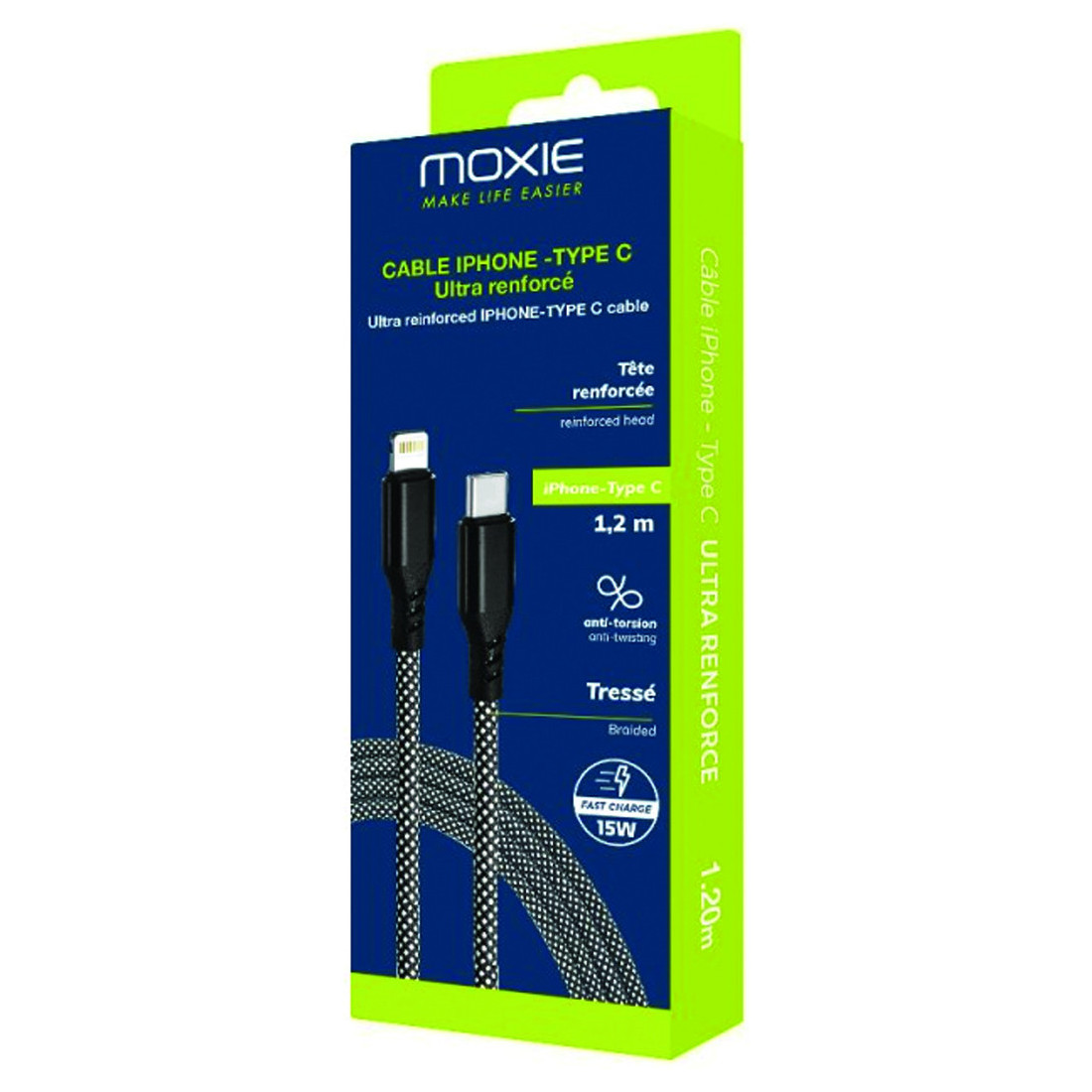 Cable Nylon ultra résistant embouts renforcés Type C /Lightning 1.2m