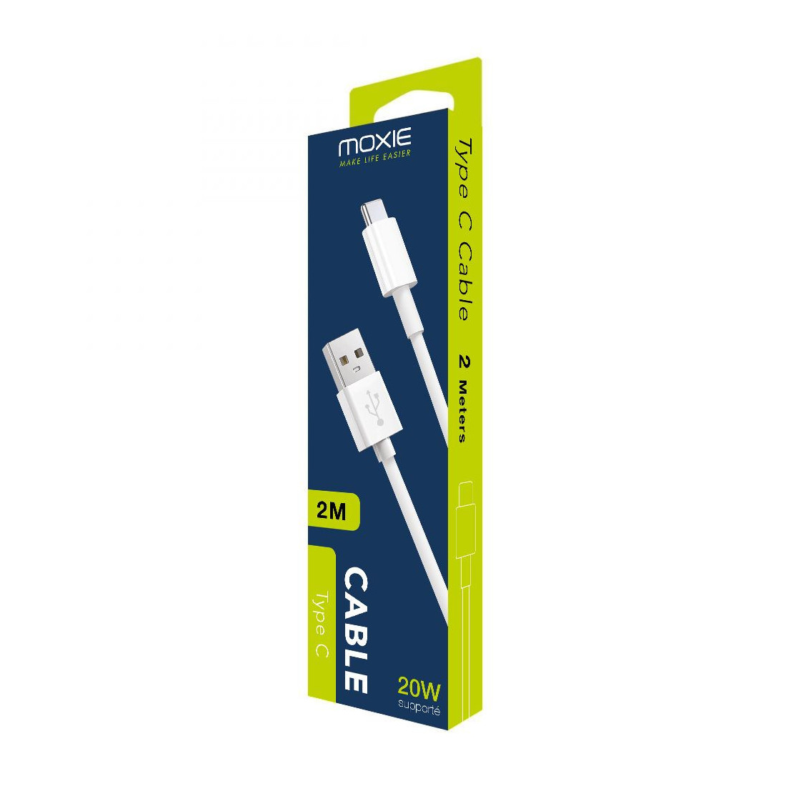 Câble Data USB-A 2.0 vers USB Type-C Moxie 2 mètres sous packaging