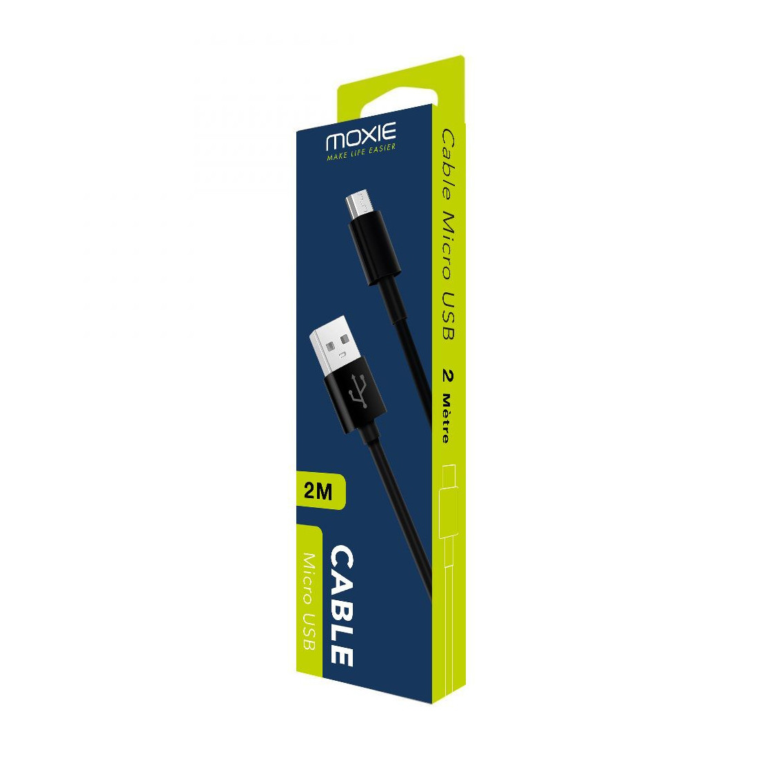 Câble data Moxie Fast charge Micro USB 2m - Noir sous packaging