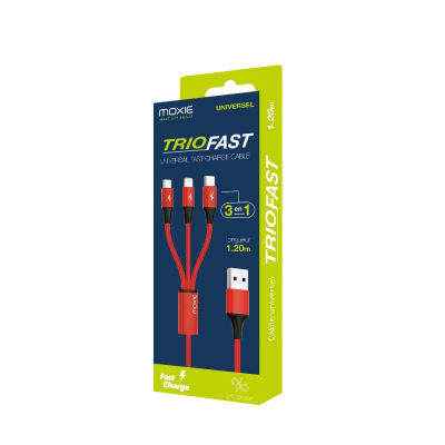 Moxie Câble 3 en 1  Lightning / Micro-USB / USB Type-C 3A 1.2M en Nylon tressé - Rouge