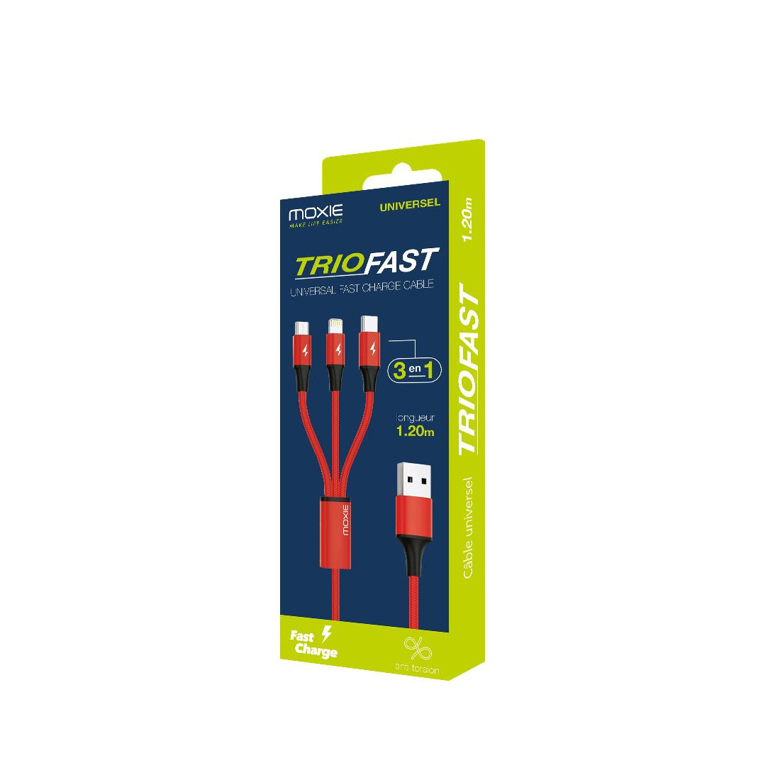 Moxie Câble 3 en 1  Lightning / Micro-USB / USB Type-C 3A 1.2M en Nylon tressé - Rouge