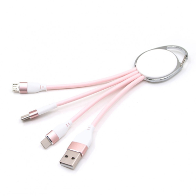 Porte clef métal avec cable data triple connectique - rose