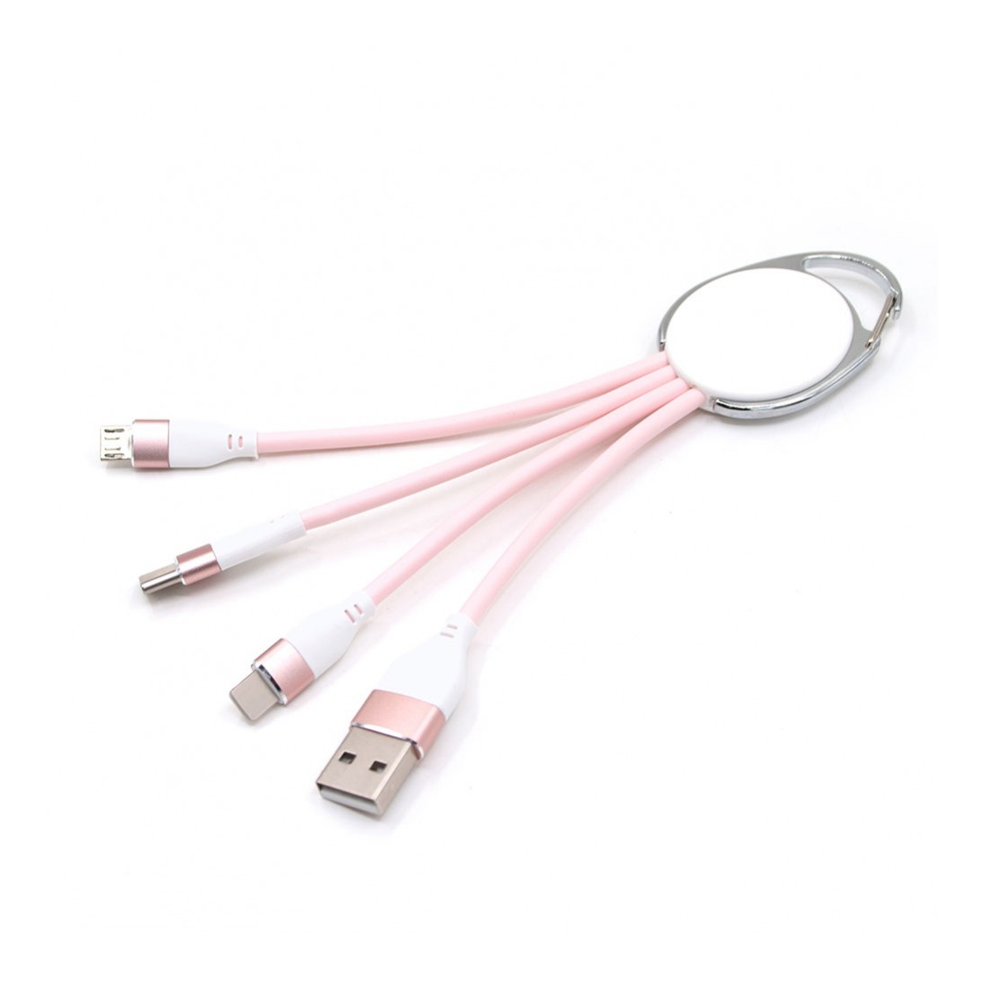 Porte clef métal avec cable data triple connectique - rose