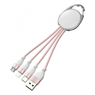 Porte clef métal avec cable data triple connectique - rose