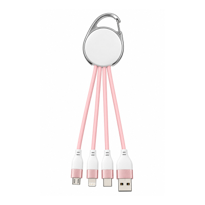 Porte clef métal avec cable data triple connectique - rose