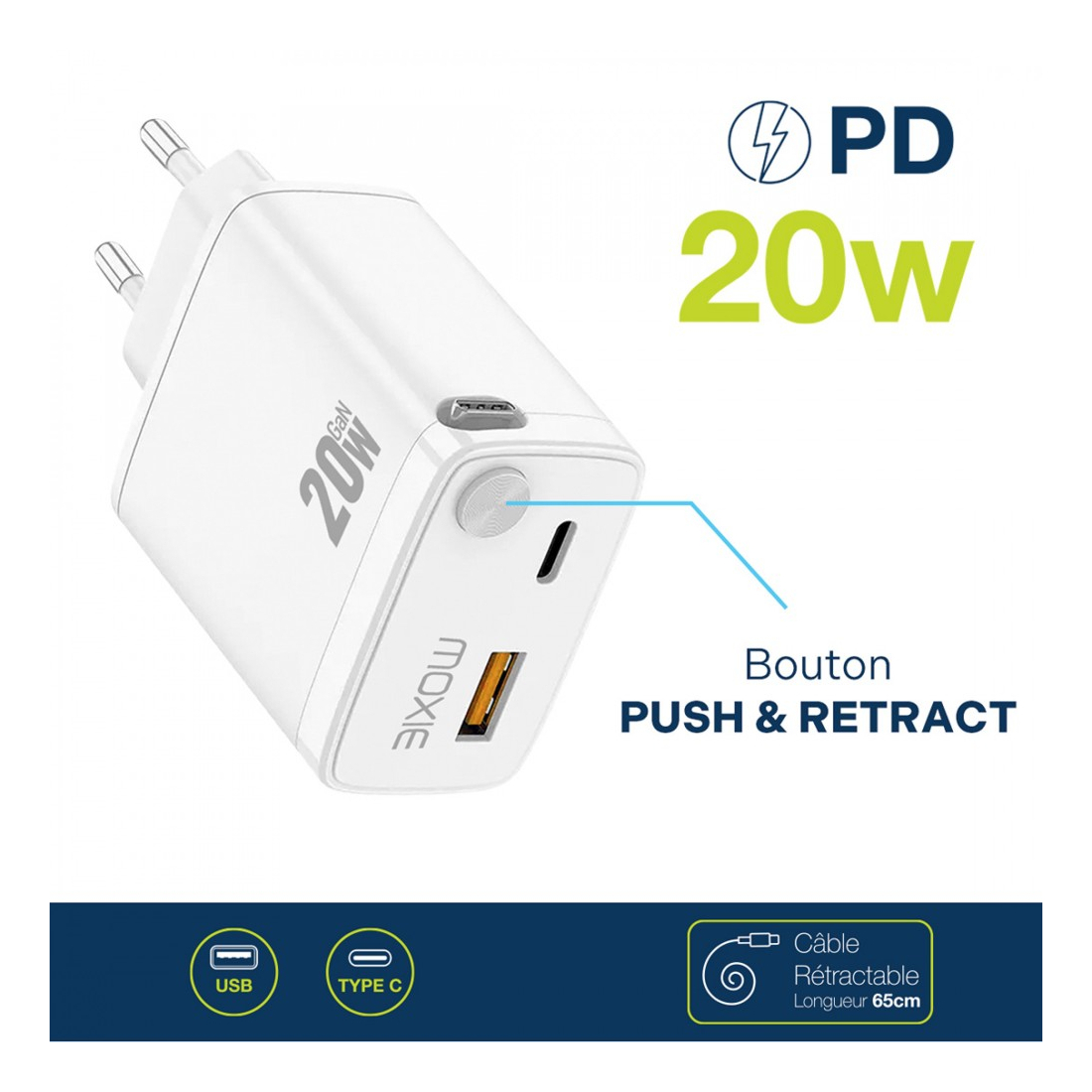 Chargeur secteur 20W câble USB-C rétractable | VOG IMPORT
